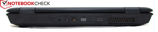 On the rear: Kensington Lock, power connector, RJ-45 Gigabit Ethernet, VGA, DisplayPort, HDMI 1.4