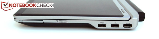 Right: ExpressCard/34, Wi-Fi main switch, 2x USB-3,0, HDMI