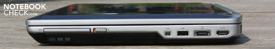 Right: ExpressCard54, WLAN slider, DVD drive, FireWire, USB 2.0, eSATA, HDMI