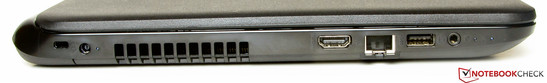 Left: Kensington lock slot, power socket, HDMI, Ethernet port, USB 3.0, combo audio jack