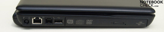 Left side: battery LED, power supply, LAN (RJ-45), modem (RJ-11), USB, optical drive Left side: battery LED, power supply, LAN (RJ-45), modem (RJ-11), USB, optical drive