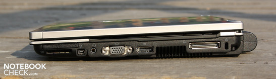 Right: ExpressCard/34, card reader, FireWire, audio/mic combi, VGA, Display Port, docking port, Kensington lock slot