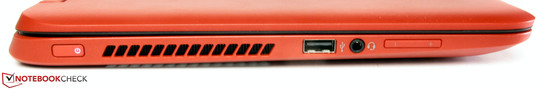 Left side: power button, USB 2.0, audio combo, volume control