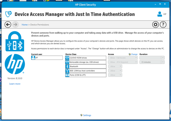 HP Drive Access Manager, which provides authentication requirement options for external and network devices