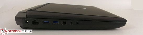 Left: Gigabit Ethernet, 2x USB 3.0, mini-DisplayPort, 3.5 mm mic, 3.5 mm audio