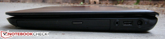 Right: DVD optical drive, 3.5mm combo audio jack, 1x USB 2.0, AC adapter
