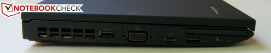 Left: 2x USB 3.0, VGA-out, Mini DisplayPort, ExpressCard 54mm, Wireless switch