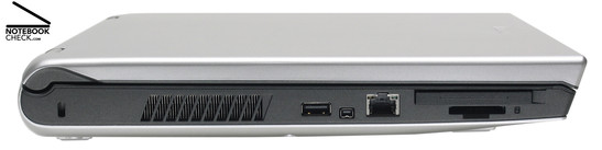 Left Side: Kensington lock, vent holes, 1x USB-2.0, FireWire, 100-MBit-LAN, ExpressCard/54, 5-in-1 card reader Left Side: Kensington lock, vent holes, 1x USB-2.0, FireWire, 100-MBit-LAN, ExpressCard/54, 5-in-1 card reader