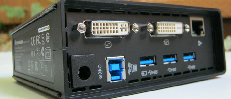 Rear  from top to bottom: 1x DVI-I, 1x DVI-D, RJ-45 Gigabit Ethernet, AC input, USB 3.0 upstream, 3x USB 3.0 (1x sleep-and-charge)