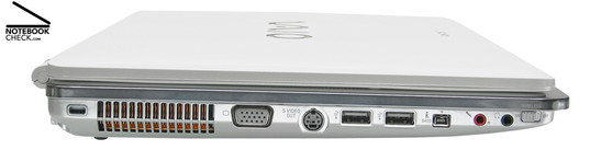 Sony Vaio VGN-CR31S/W Left Side: Kensington Lock, Vent holes, VGA, S-Video-Out, 2x USB-2.0, i.LINK (IEEE1394, FireWire) S400 port, microphone, headphones, WLAN/Blutooth switch