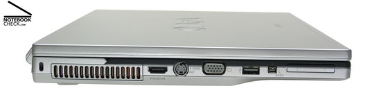 Sony Vaio VGN-FZ31Z Left Side: Kensington Lock, Vent holes, HDMI, S-Video-Out, VGA, 1x USB-2.0, i.LINK (IEEE1394, FireWire) S400 interface, ExpressCard/34