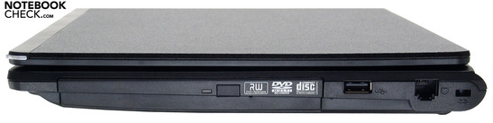 Mobile.ForceM13.S1 right side: DVD-writer, 1x USB-2.0, modem, Kensington Lock
