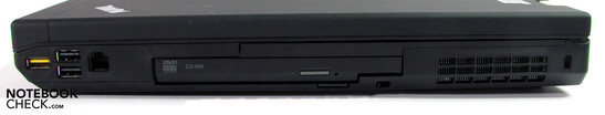 Right: powered USB 2.0, 2x USB 2.0, Modem, DVD drive, Kensington Lock Right: powered USB 2.0, 2x USB 2.0, Modem, DVD drive, Kensington Lock