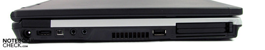 Left: Power supply, eSata, Firewire 400, Audio, USB 2.0, ExpressCard/54, PCMCIA, Smartcard Left: Power supply, eSata, Firewire 400, Audio, USB 2.0, ExpressCard/54, PCMCIA, Smartcard