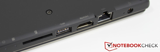 Left (from the underside): SD/MMC, USB 3.0, HDMI, RJ-45, power