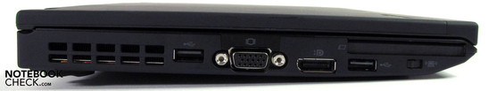 Left side: USB 2.0, VGA  USB 2.0, VGA, DisplayPort, USB 2.0, ExpressCard/54, WLAN on/off switch