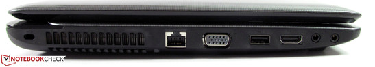 Left: Kensington, LAN, VGA, powered USB 2.0, HDMI, audio