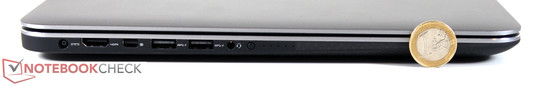 Left side: power jack, HDMI, DisplayPort, 2x USB 3.0, headset (3.5mm)