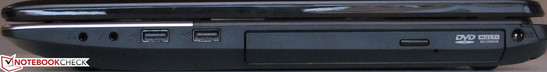 Right side: power-in, DVD burner, 2x USB 2.0, mic, headphones