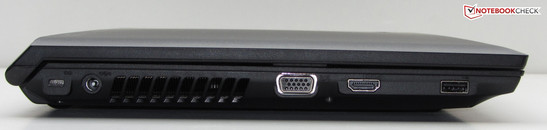 The left side features a USB 2.0 port, a HDMI port, a VGA port, the connector for the power adapter, and a Kensington lock slot to secure the laptop.