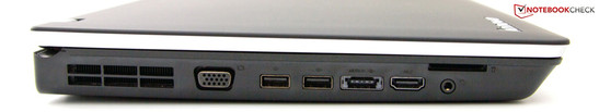 Left side: VGA, 2x USB 2.0, eSATA/USB 2.0, HDMI, Audio, Cardreader