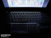 The glossy touchpad buttons are the only reflective elements on the work surface.