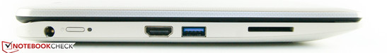 Left side: power jack, power switch, HDMI out, 1x USB 3.0, SD card reader