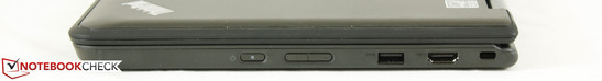 Right: Power button, Volume rocker, 1x USB 3.0, HDMI-out, Kensington Lock