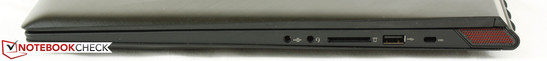 Right: SPDIF, 3.5 mm headset, 4-in-1 card reader, 1x USB 2.0, Kensington Lock