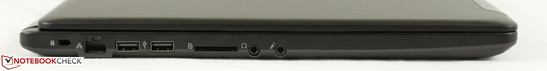 Left: Kensington Lock, Gigabit Ethernet, 2x USB 2.0, SD reader, 3.5 mm mic-in, 3.5 mm earphones