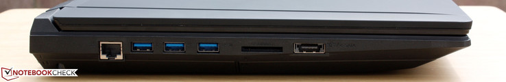 Left: Gigabit Ethernet, 3x USB 3.0, 6-in-1 SD reader, USB 3.0/eSATA combo