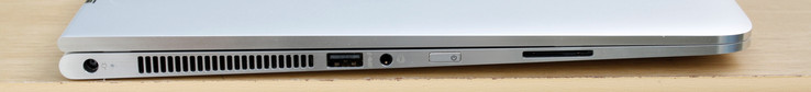 Left: AC adapter, USB 3.0, 3.5 mm combo audio, Power button, SD reader
