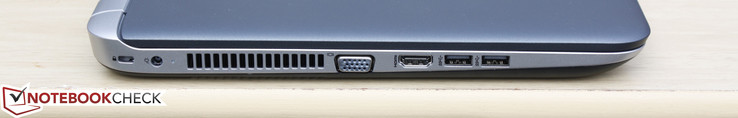 Left: Kensington Lock, AC adapter, VGA-out, HDMI-out, 2x USB 3.0
