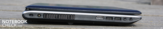 Left: Kensington, AC, HDMI, 2 x USB 2.0, headphones/SPDIF, microphone