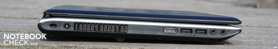 Left: Kensington, AC, HDMI, 2 x USB 2.0, headphones/SPDIF, microphone Left: Kensington, AC, HDMI, 2 x USB 2.0, headphones/SPDIF, microphone