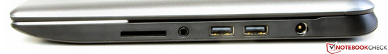 Right: Card reader, combined Line In/Out port, 2x USB 2.0, power connector
