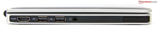 Left: HDMI, 2 USB 2.0s, headphone out, speaker Left: HDMI, 2 USB 2.0s, headphone out, speaker