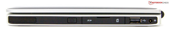 Right: speaker, SD card reader, SIM slot, USB 2.0 Right: speaker, SD card reader, SIM slot, USB 2.0
