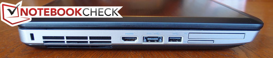 Left: Kensington Lock, HDMI, USB 3.0/eSATA, USB 3.0, ExpressCard 54mm, SD card reader Left: Kensington Lock, HDMI, USB 3.0/eSATA, USB 3.0, ExpressCard 54mm, SD card reader