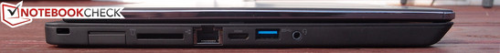 Left: Kensington Lock, SIM card reader, 4-in-1 card reader, Gigabit Ethernet, mini-HDMI, USB 3.0, 3.5 mm Combo audio Left: Kensington Lock, SIM card reader, 4-in-1 card reader, Gigabit Ethernet, mini-HDMI, USB 3.0, 3.5 mm Combo audio