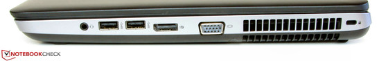 Right side: Combined stereo jack, 2x USB 3.0, DisplayPort, VGA-out, slot for a Kensington Lock