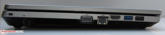 Left side: Kensington lock, power output, VGA-output, Gigabit-Ethernet, HDMI, USB 3.0, USB 2.0, Express Card slot Left side: Kensington lock, power output, VGA-output, Gigabit-Ethernet, HDMI, USB 3.0, USB 2.0, Express Card slot