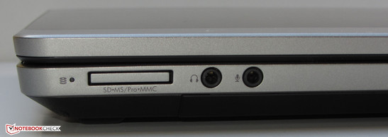 Front side: Memory card reader (SD, Memory Stick, Memory Stick Pro MMC), headphone output, microphone input Front side: Memory card reader (SD, Memory Stick, Memory Stick Pro MMC), headphone output, microphone input