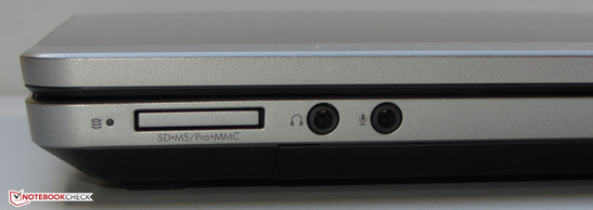 Front side: Memory card reader (SD, Memory Stick, Memory Stick Pro MMC), headphone output, microphone input