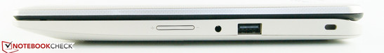 Right side: volume, audio-combo jack, 1x USB 2.0, Kensington loc slot