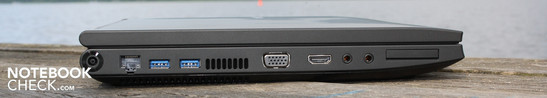 Left: AC, 2 x USB 3.0, VGA, HDMI, Microphone, Headphone Jack, ExpressCard34
