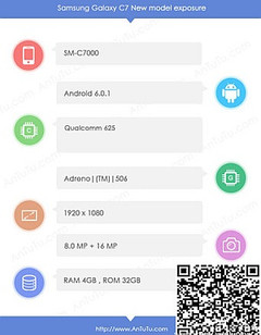 Samsung Galaxy C7 (SM-7000) Android smartphone specs with Qualcomm Snapdragon 625 SoC
