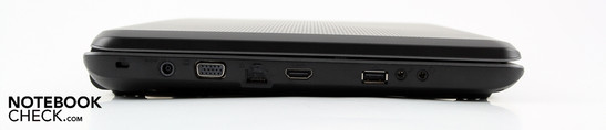 Left: Kensington, AC, VGA, Ethernet, HDMI, USB 2.0, headset, microphone