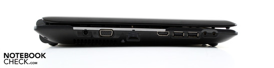 Left: AC, VGA, Ethernet, HDMI, two USB 2.0 ports, microphone, headphone Left: AC, VGA, Ethernet, HDMI, two USB 2.0 ports, microphone, headphone
