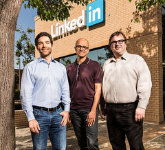 Microsoft acquires LinkedIn, company&#039;s founders next to Microsoft CEO Satya Nadella